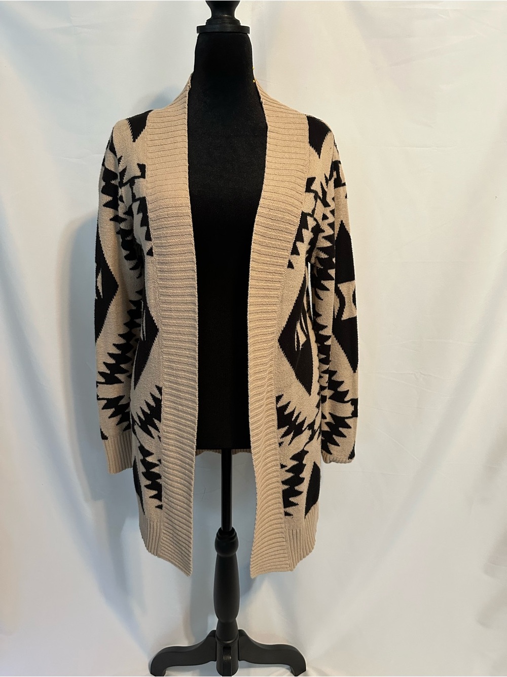 Maurices Beige and Black Aztec Open-Front Cardigan